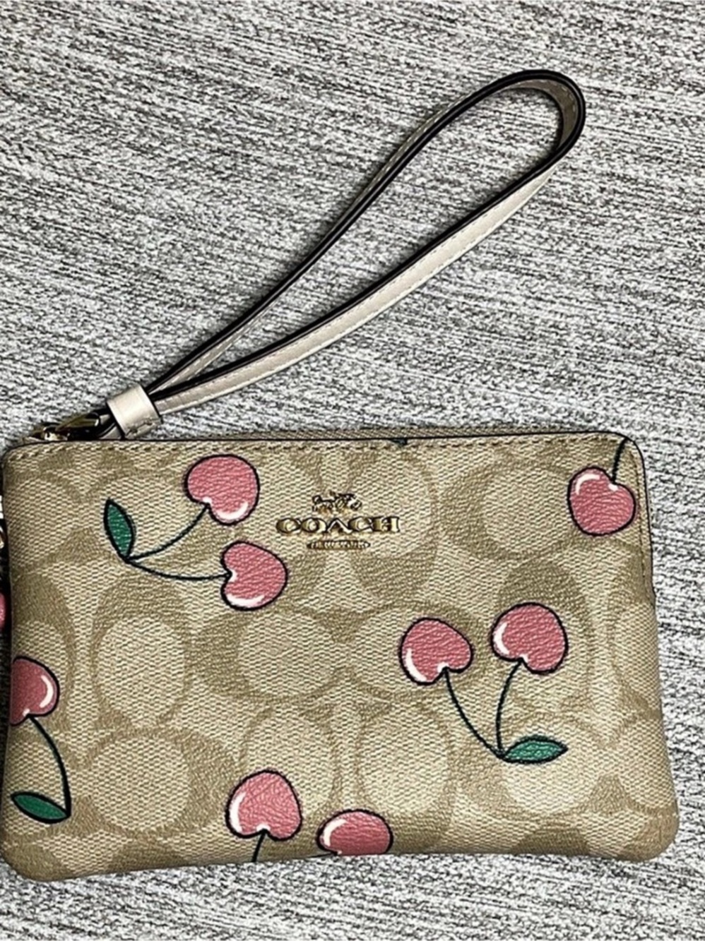 Coach Corner Zip Wristlet In Signature Canvas With Cherry Print Cherry Print